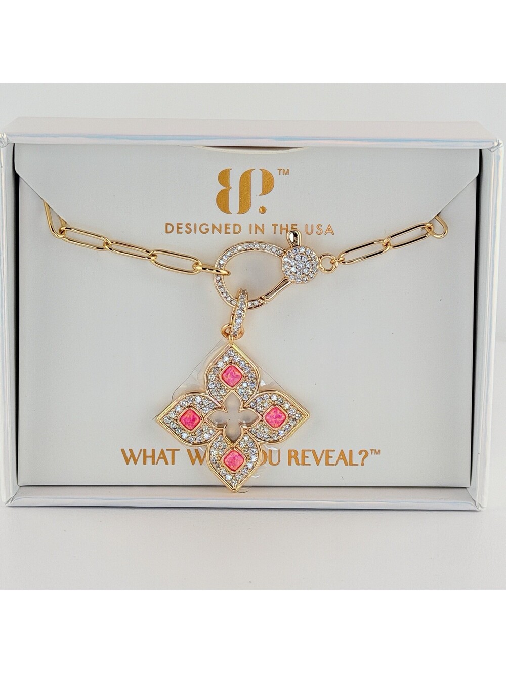 Bomb Party October Necklace "Main Character" Pink Fire Opal Yellow Gold Clover